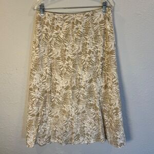Christopher & Banks Tan White Linen Blend Tropical Palm Leaf Midi Skirt Womens M